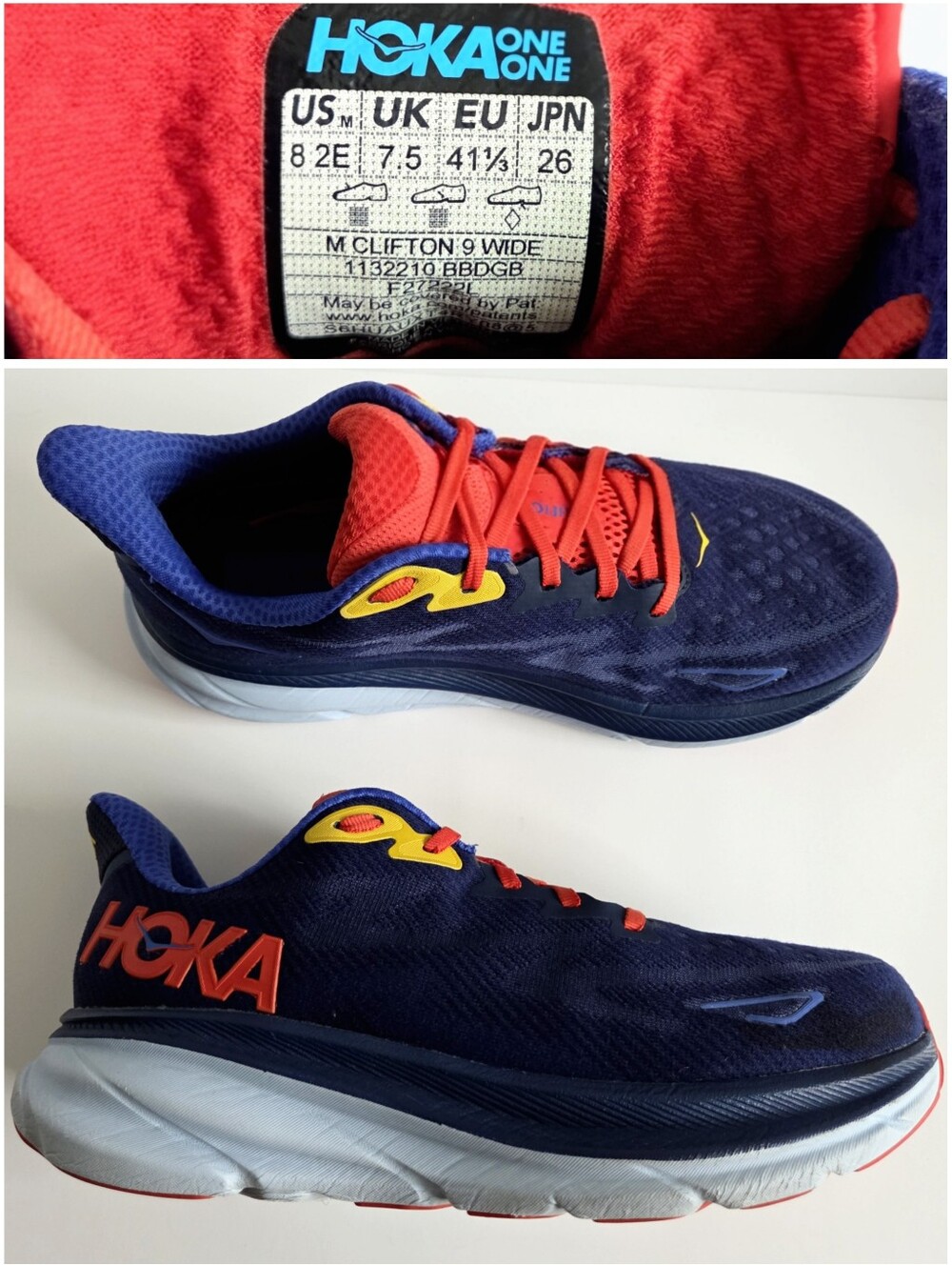 Hoka (8 Wide) Clifton 9 Road Running Shoes, Navy Blue Orange & Yellow - Picture 10 of 15